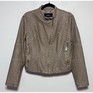LA Coalition Moto Biker Jacket Large Taupe Quilted Vegan Leather Y2K‎ Streetwear